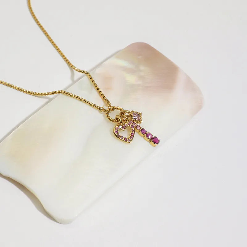 Pink Heart Diamond Charm 18K Gold Plated 304 Stainless Steel Necklace