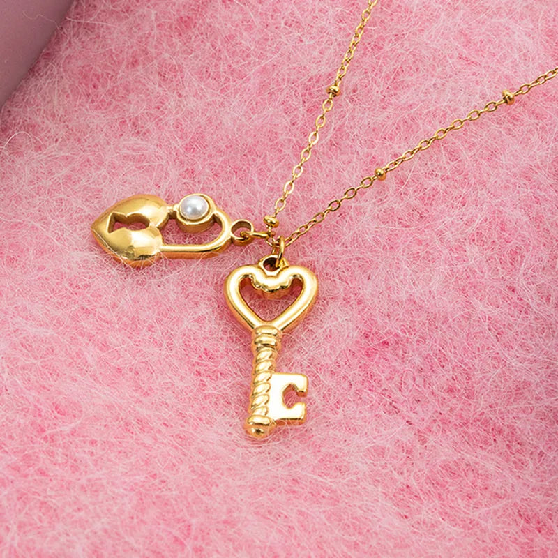 Pearl Heart Key 18K Gold Plated 304 Stainless Steel Charm Necklace