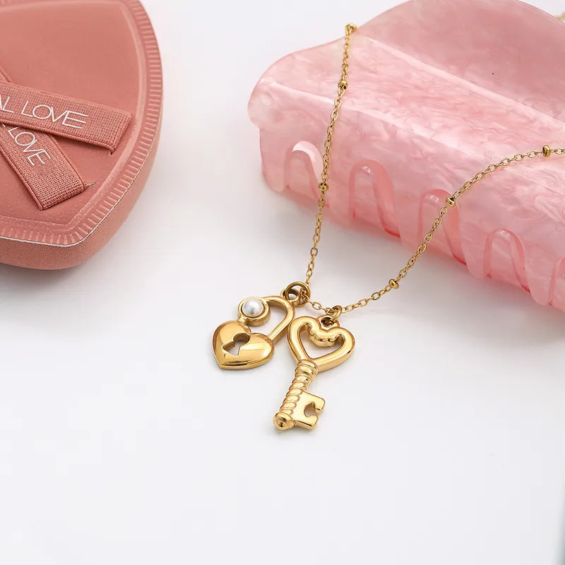Pearl Heart Key 18K Gold Plated 304 Stainless Steel Charm Necklace