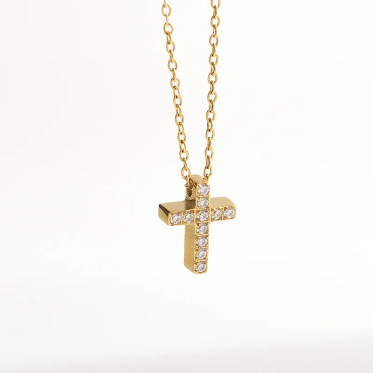 Cross Zirconia 18K Gold Plated 304 Stainless Steel Necklace