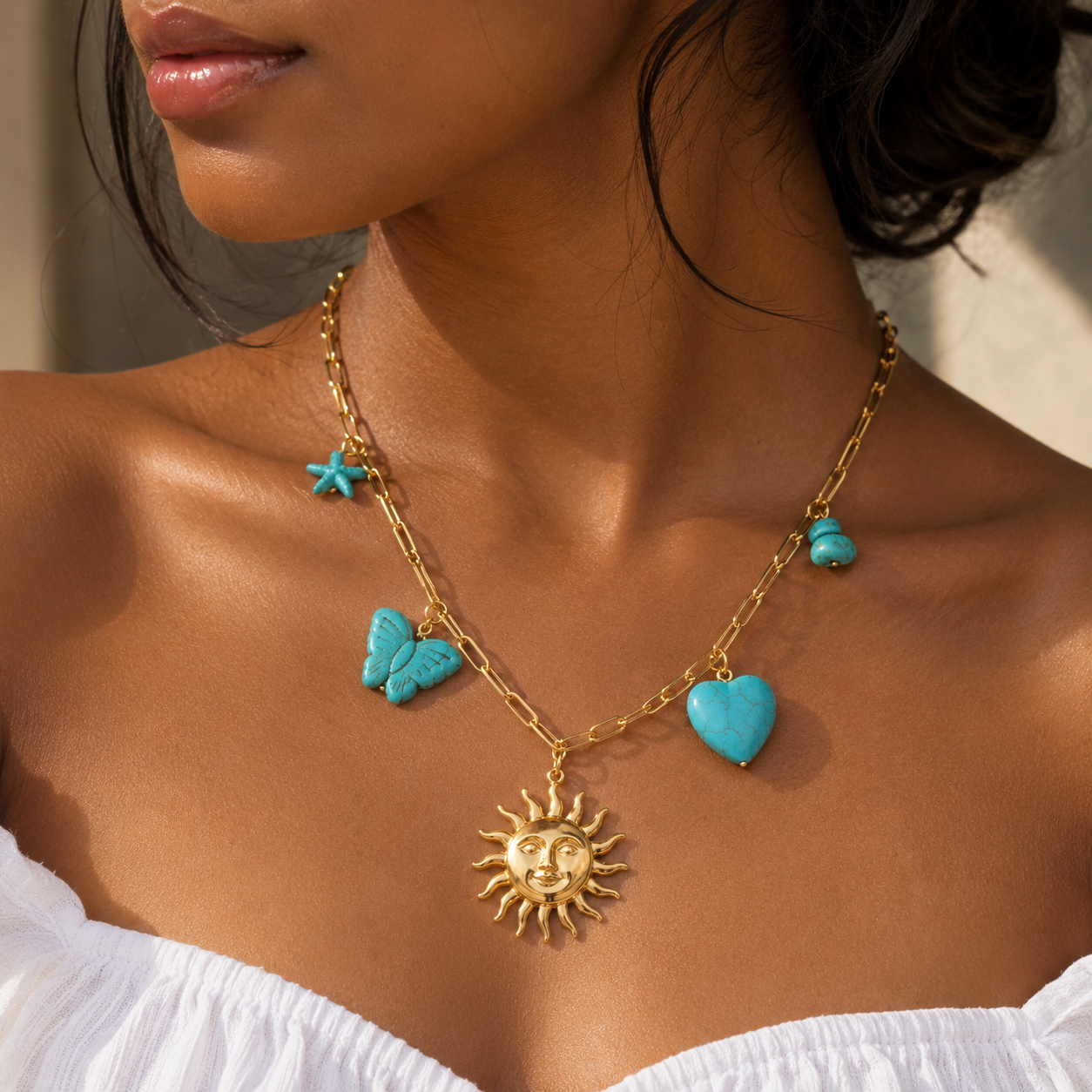 Sun Heart Charms 18K Gold Plated 304 Stainless Steel Necklace