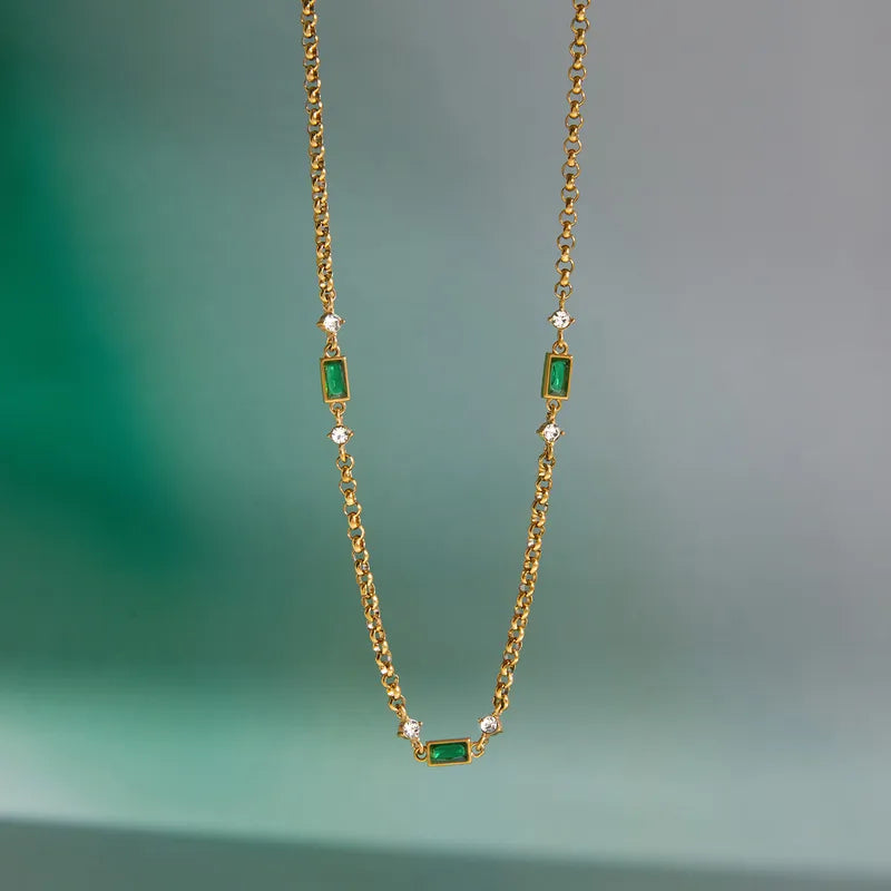 Green White Cubic Zirconia 18K Gold Plated 304 Stainless Steel Necklace