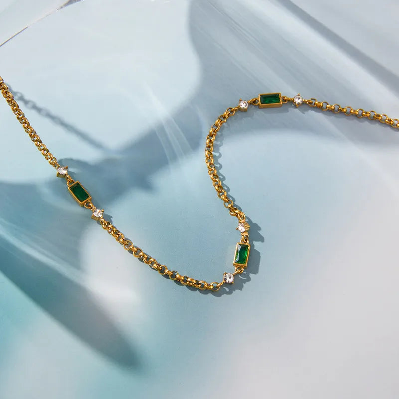 Green White Cubic Zirconia 18K Gold Plated 304 Stainless Steel Necklace