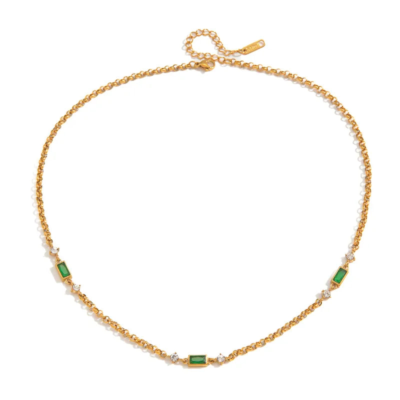 Green White Cubic Zirconia 18K Gold Plated 304 Stainless Steel Necklace