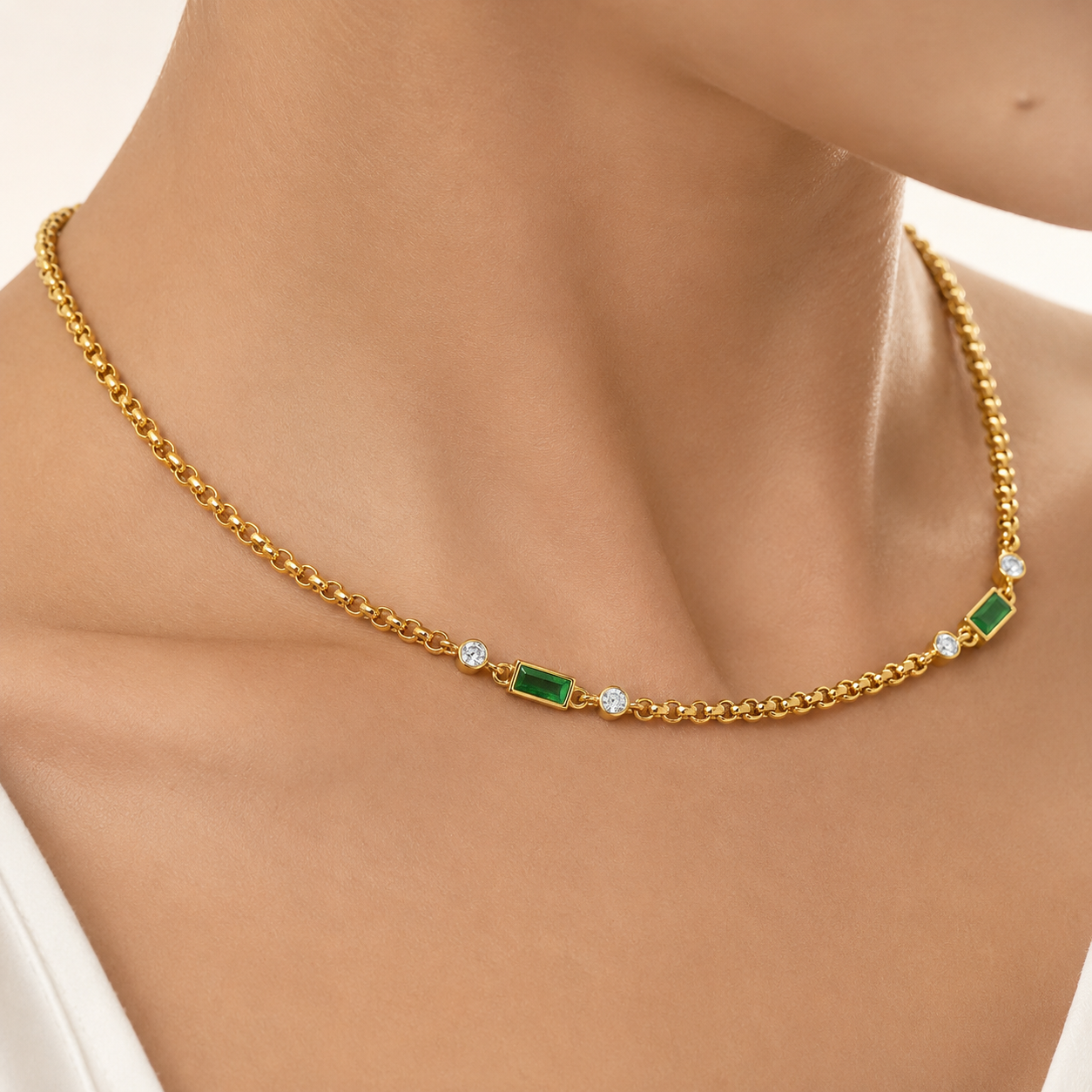 Green White Cubic Zirconia 18K Gold Plated 304 Stainless Steel Necklace