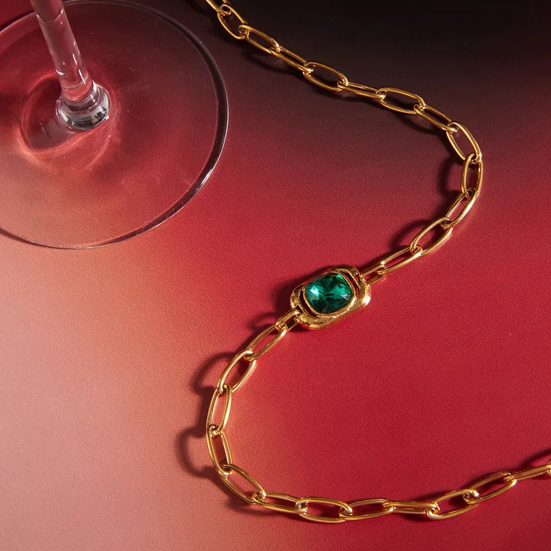 Green Zirconia 18K Cuban Link 304 Stainless Steel Necklace