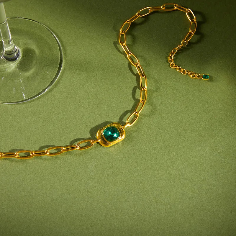 Green Zirconia 18K Cuban Link 304 Stainless Steel Necklace