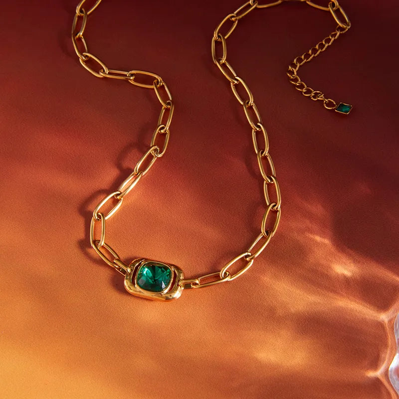 Green Zirconia 18K Cuban Link 304 Stainless Steel Necklace