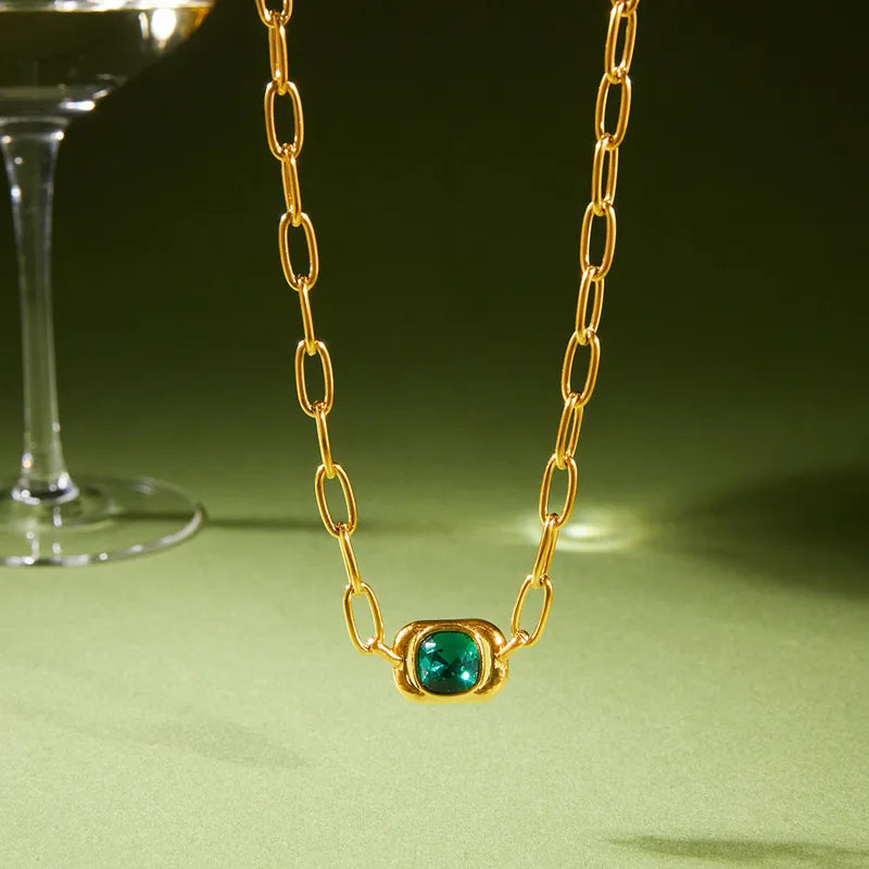 Green Zirconia 18K Cuban Link 304 Stainless Steel Necklace