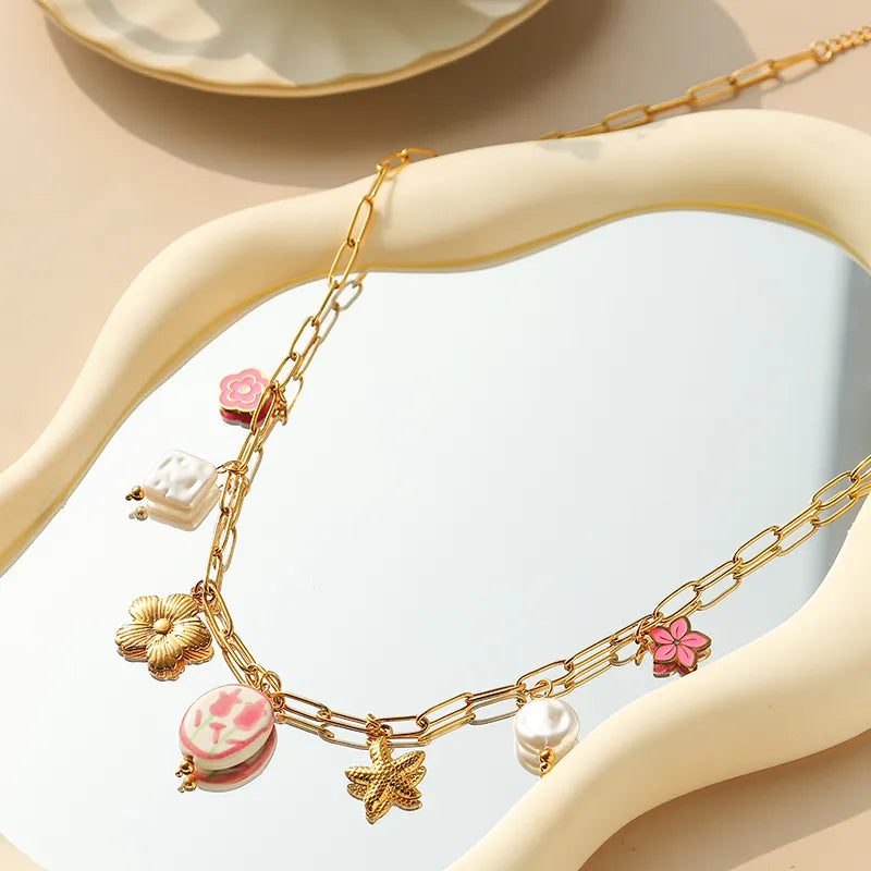 Chinese Pattern Pink 18K Gold Plated 304 Stainless Steel Necklace