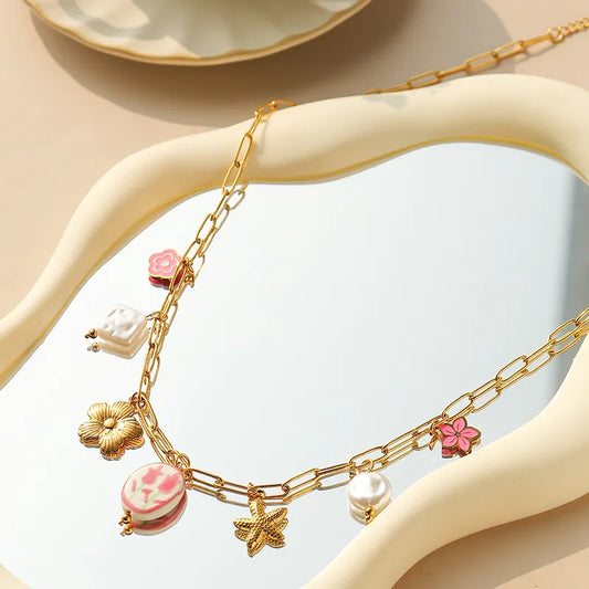 Chinese Pattern Pink 18K Gold Plated 304 Stainless Steel Necklace