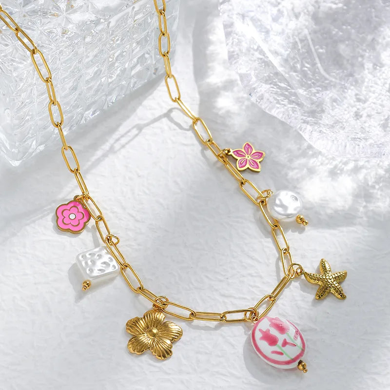 Chinese Pattern Pink 18K Gold Plated 304 Stainless Steel Necklace