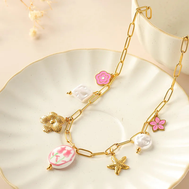 Chinese Pattern Pink 18K Gold Plated 304 Stainless Steel Necklace