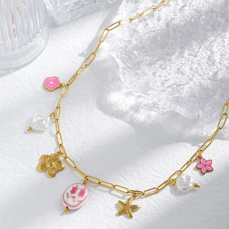 Chinese Pattern Pink 18K Gold Plated 304 Stainless Steel Necklace