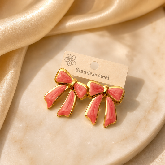 Pink Bows 18K Gold Plated 304 Stainless Steel Stud Earring