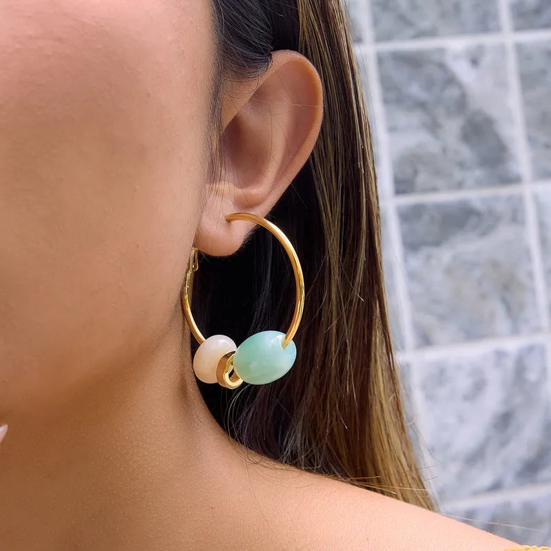 Teal Opaque Marble Charm 18K Gold Plated 304 Stainless Steel Earring
