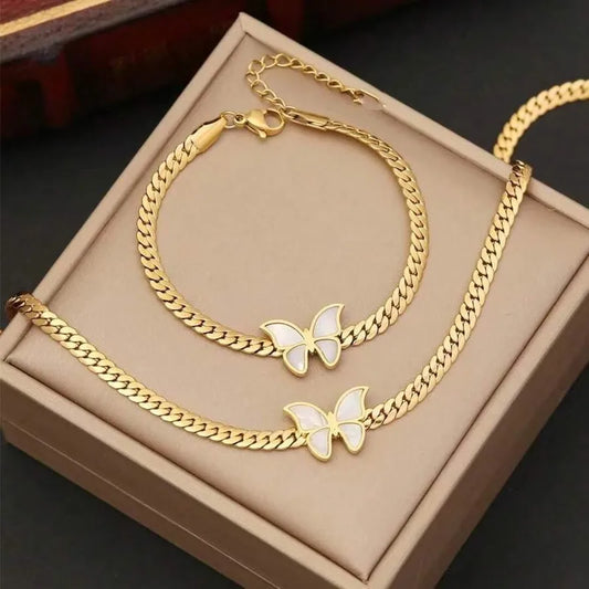 White Butterfly 18K Gold Plated 304 Stainless Steel Bracelet Necklace