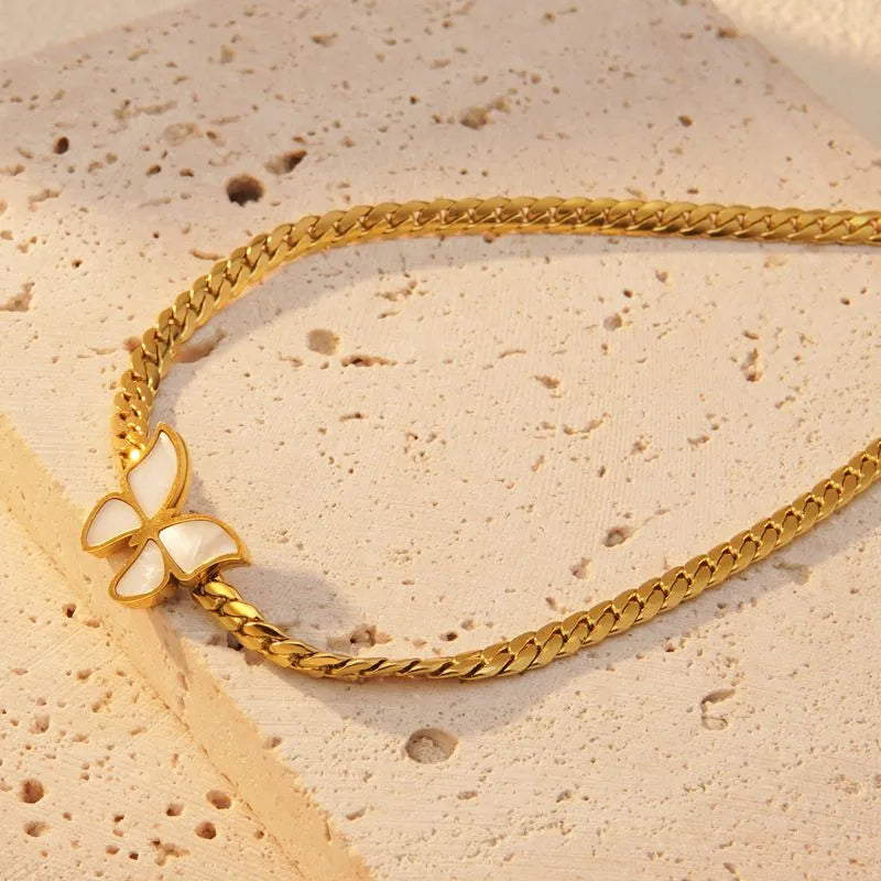 White Butterfly 18K Gold Plated 304 Stainless Steel Bracelet Necklace