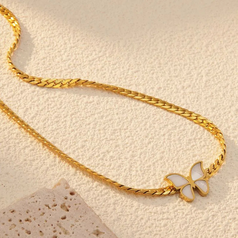 White Butterfly 18K Gold Plated 304 Stainless Steel Bracelet Necklace