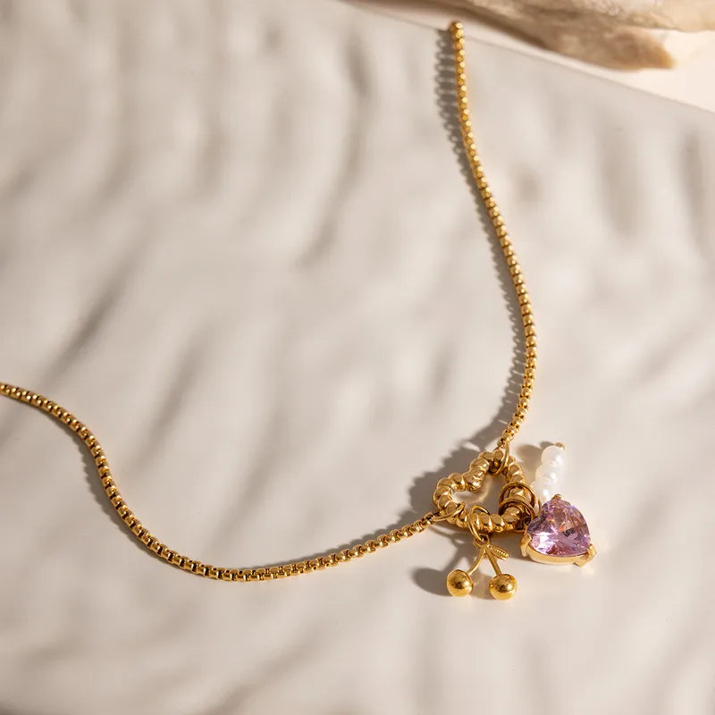 Heart Shape Pearly 18K Gold Plated Charms 304 Stainless Steel Necklace