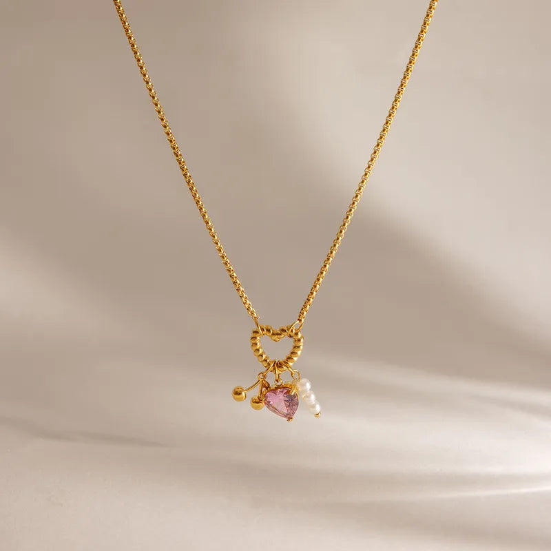 Heart Shape Pearly 18K Gold Plated Charms 304 Stainless Steel Necklace