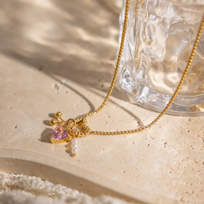 Heart Shape Pearly 18K Gold Plated Charms 304 Stainless Steel Necklace