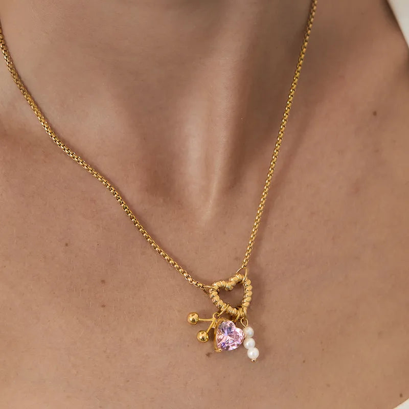 Heart Shape Pearly 18K Gold Plated Charms 304 Stainless Steel Necklace