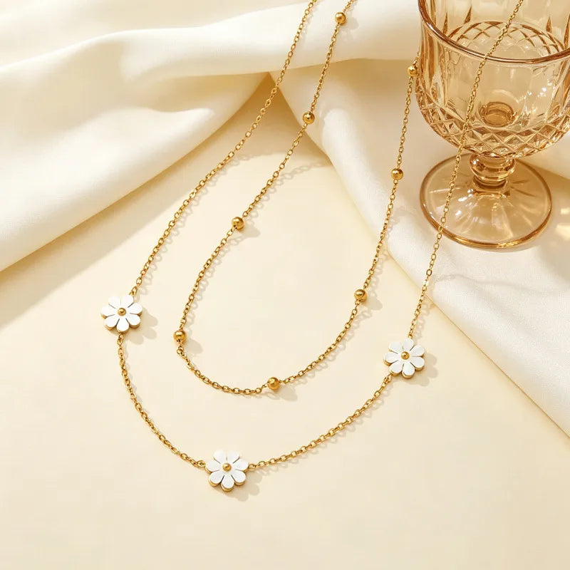 Daisy Beaded Layer 18K Gold Plated 304 Stainless Steel Layered Necklace