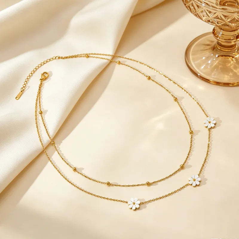 Daisy Beaded Layer 18K Gold Plated 304 Stainless Steel Layered Necklace