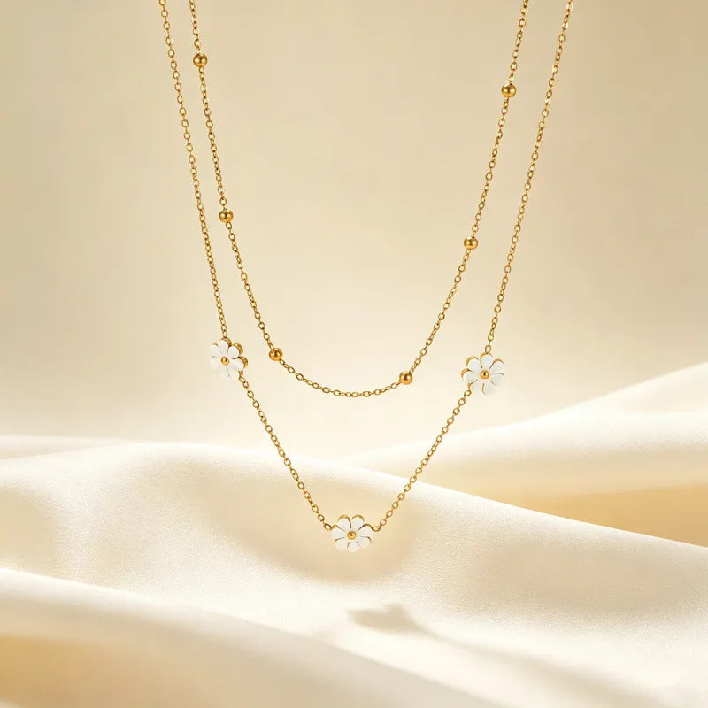 Daisy Beaded Layer 18K Gold Plated 304 Stainless Steel Layered Necklace