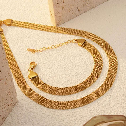 Woven 18K Gold Plated 304 Stainless Steel Necklace and Bracelet