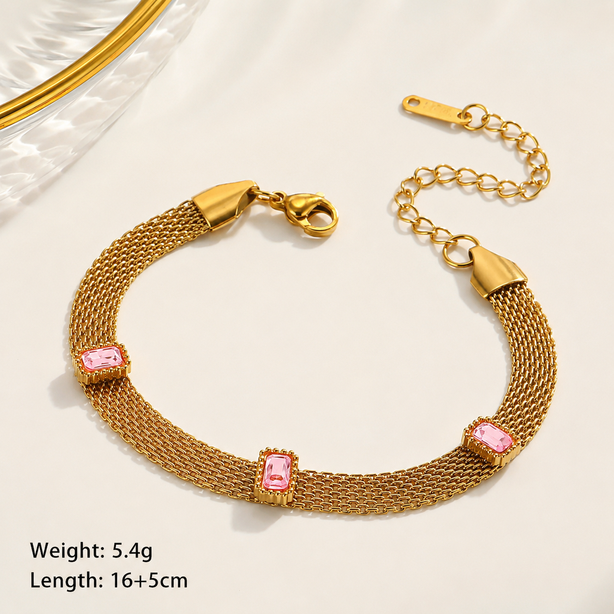 Pink Zirconia 18K Gold Plated 304 Stainless Steel Bracelet