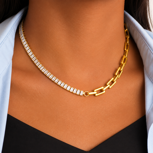 Diamanté Box Link 18K Gold Plated 304 Stainless Steel Necklace
