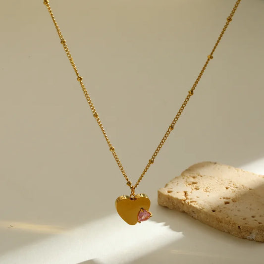 Pink Zirconia 18K Gold Plated 304 Stainless Steel Heart Necklace