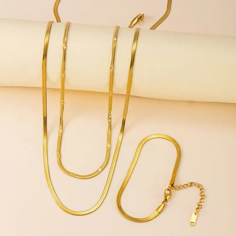Bladed Indented 18K Gold Plated 304 Stainless Steel Necklace Set
