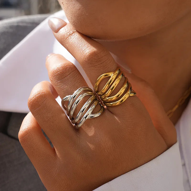 18K Gold Plated 304 Stainless Steel Geometric Line Asymmetric Gold Ring