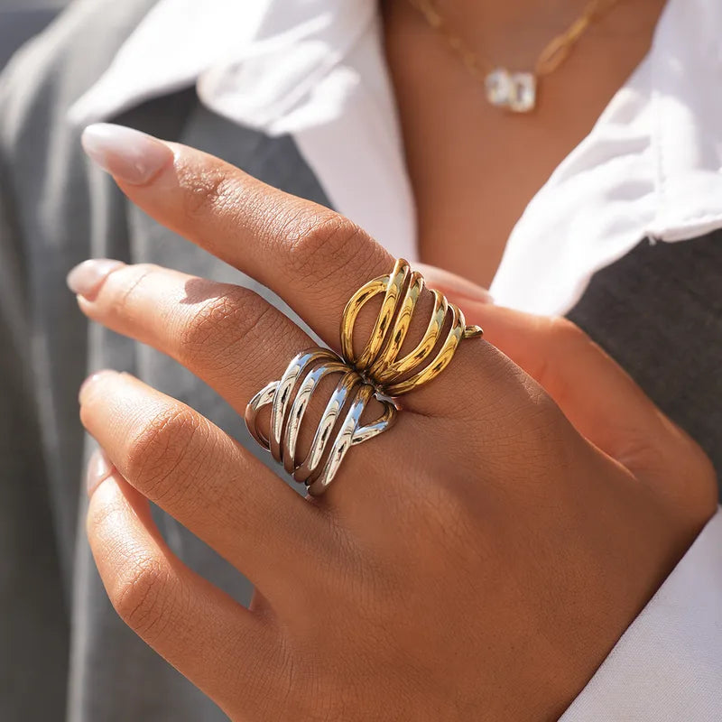 18K Gold Plated 304 Stainless Steel Geometric Line Asymmetric Gold Ring