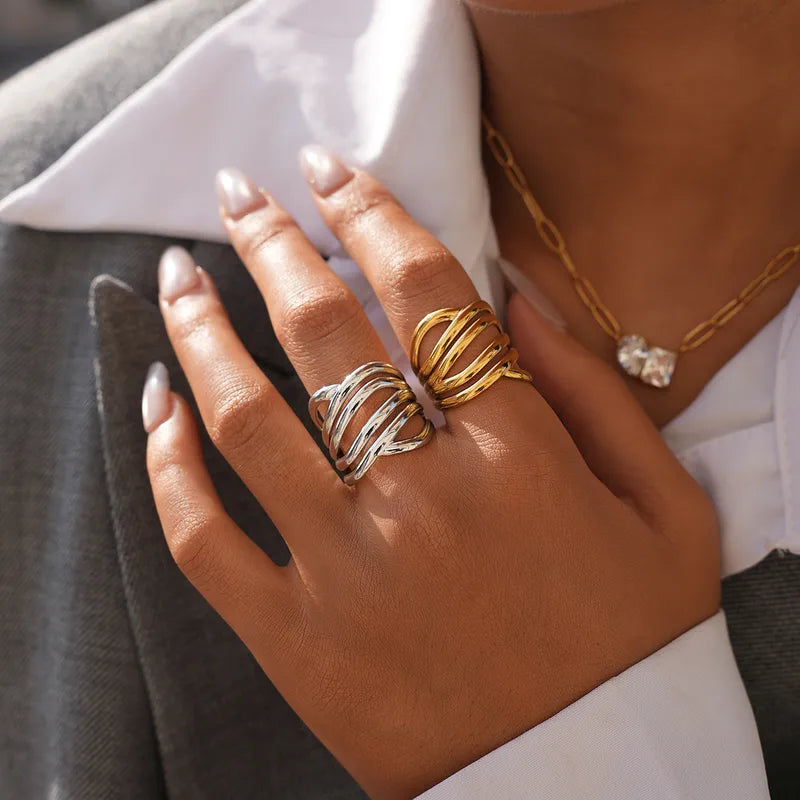 18K Gold Plated 304 Stainless Steel Geometric Line Asymmetric Gold Ring