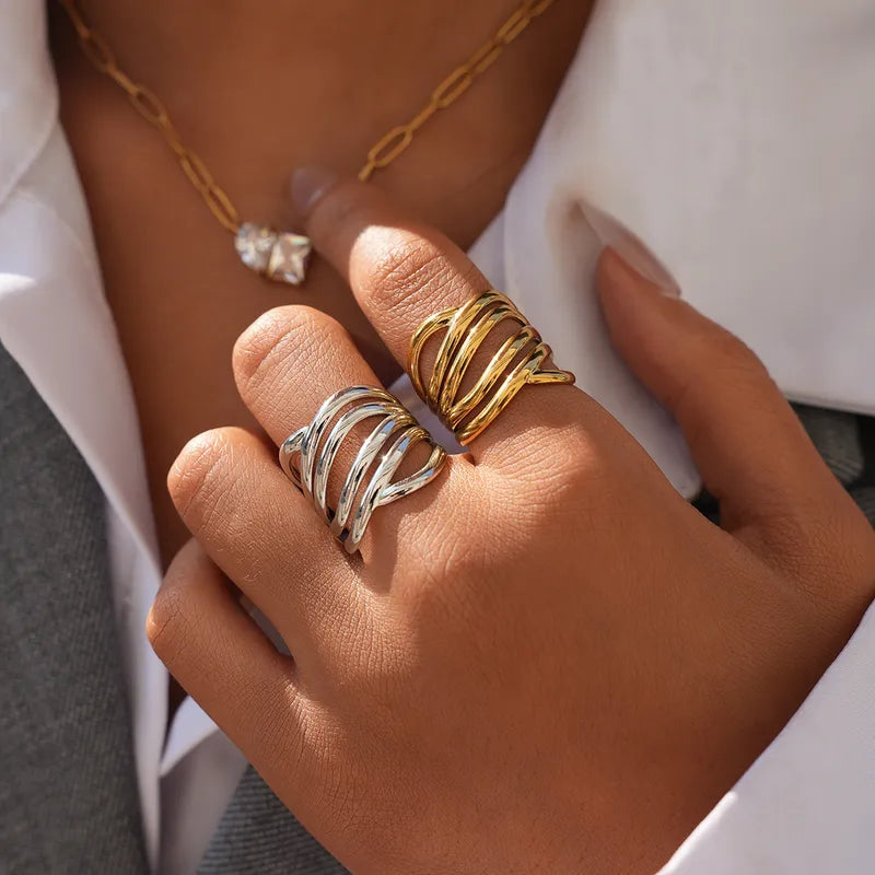 18K Gold Plated 304 Stainless Steel Geometric Line Asymmetric Gold Ring