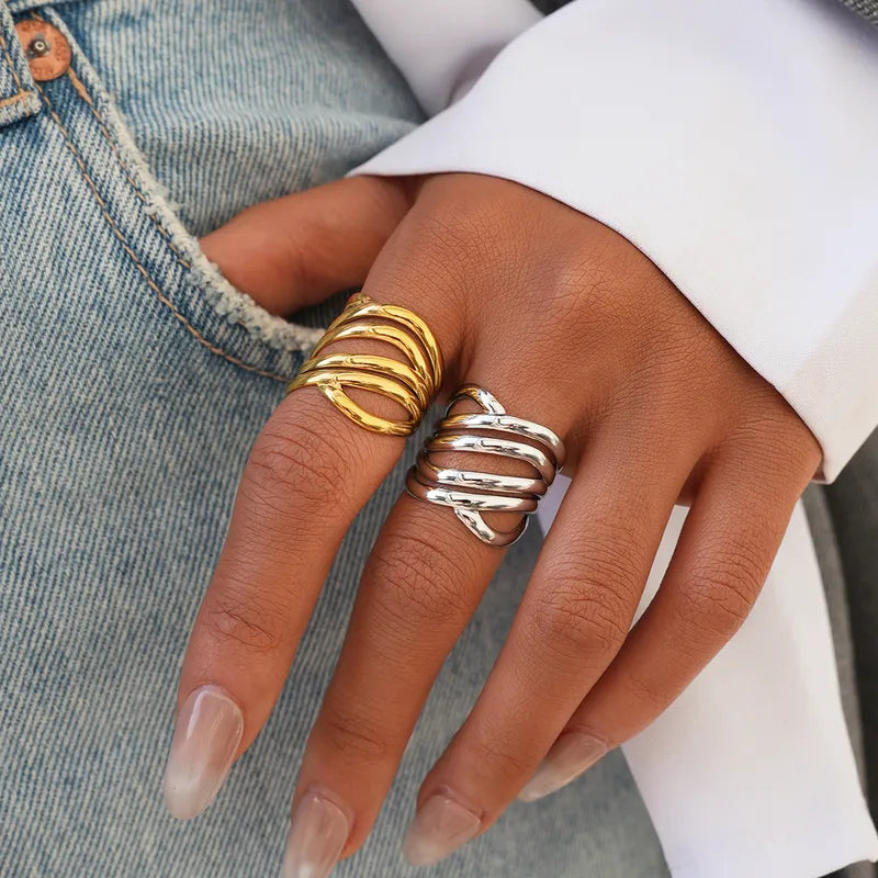 18K Gold Plated 304 Stainless Steel Geometric Line Asymmetric Gold Ring