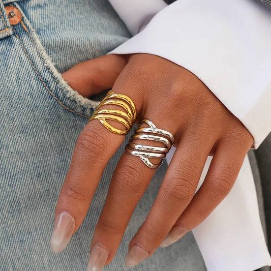 18K Gold Plated 304 Stainless Steel Geometric Line Asymmetric Gold Ring