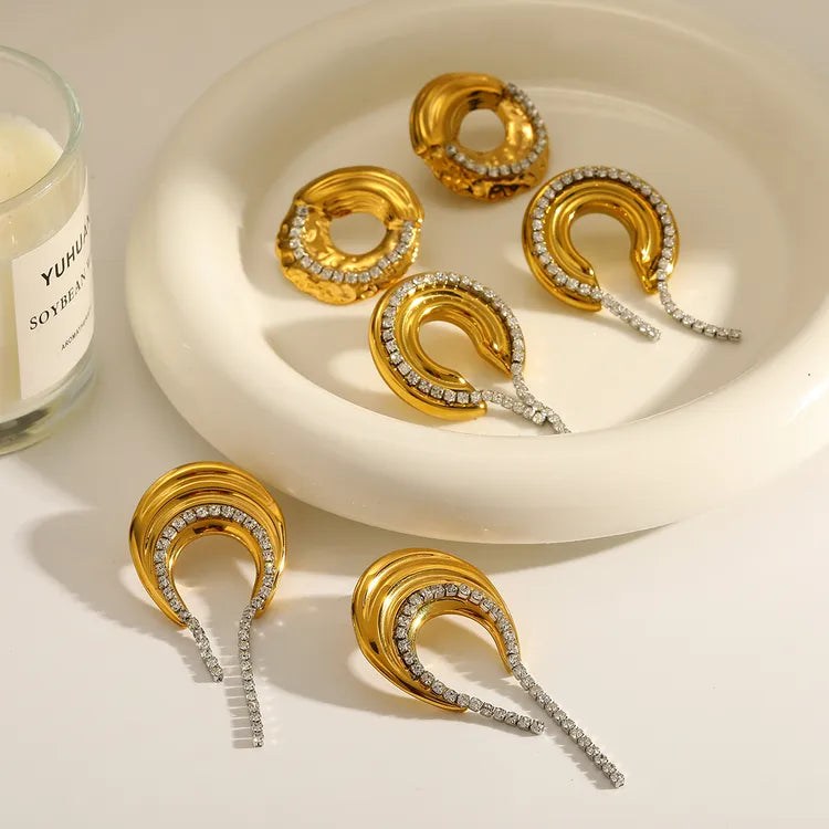 C Shaped Diamanté Metal Contrast 18K Gold Plated 304 Stainless Steel Earring