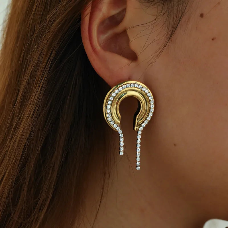 C Shaped Diamanté Metal Contrast 18K Gold Plated 304 Stainless Steel Earring