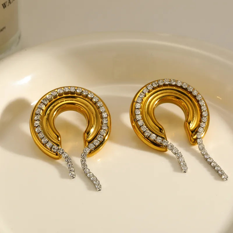 C Shaped Diamanté Metal Contrast 18K Gold Plated 304 Stainless Steel Earring