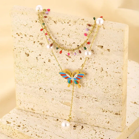 Colorful Butterfly Stainless Steel Plating Inlay Artificial Pearls 18K Gold Plated Double Layer Necklace