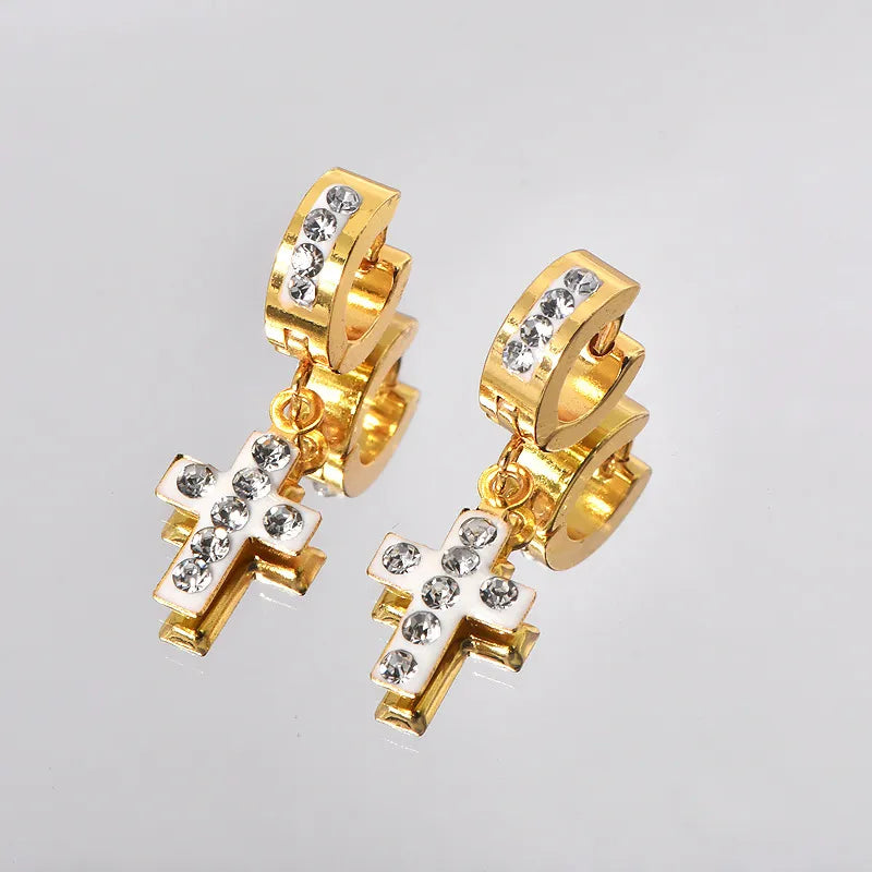 Round Plating Inlay 304 Stainless Steel Rhinestones 18K Gold Plated Drop Earrings
