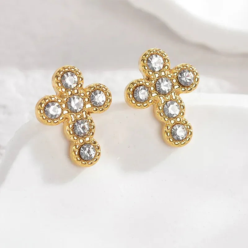 Cross Plating Inlay Stainless Steel Pearl/ Zircon 18K Gold Plated Ear Stud