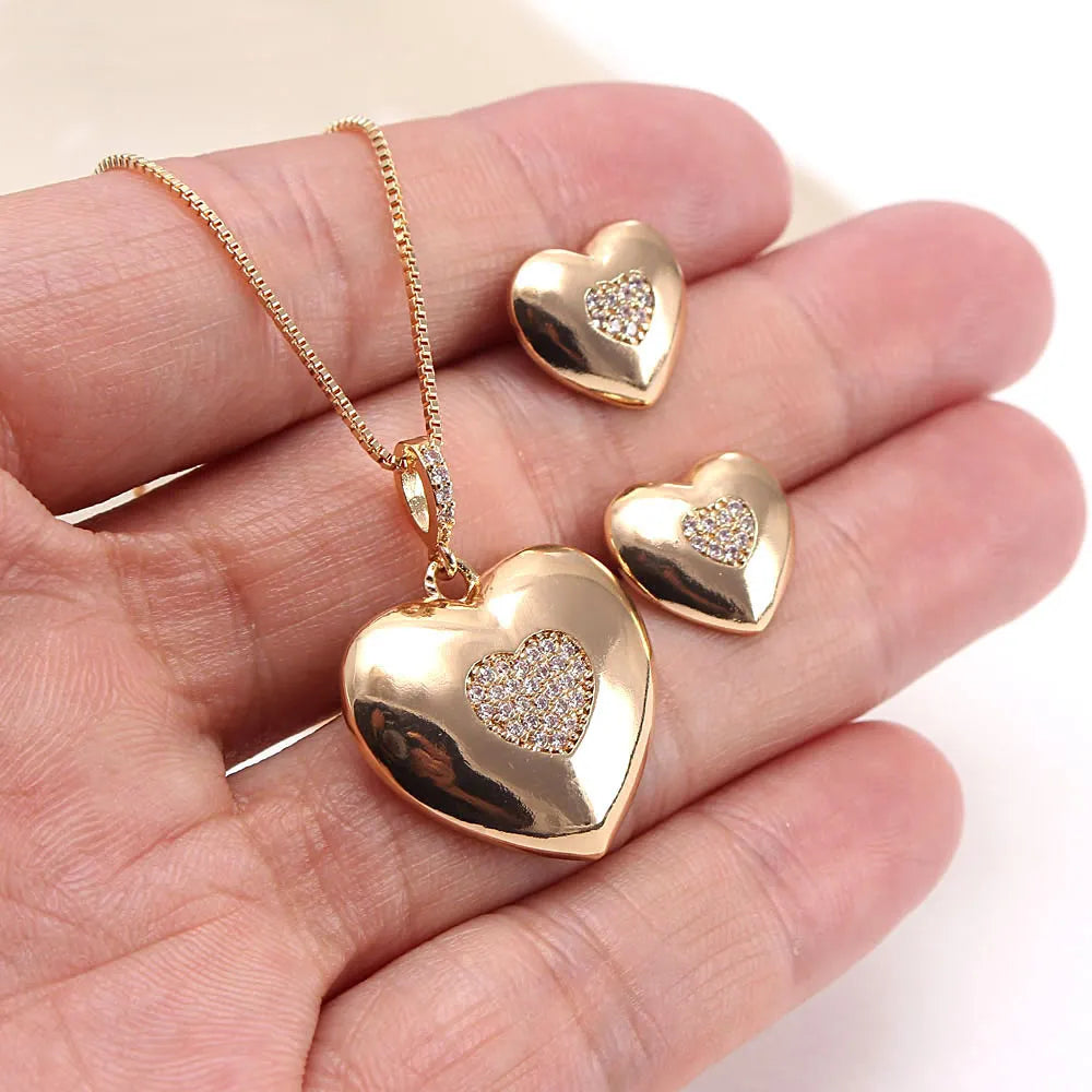 Heart Shape Copper Plating Inlay Zircon Gold Plated Jewelry Set
