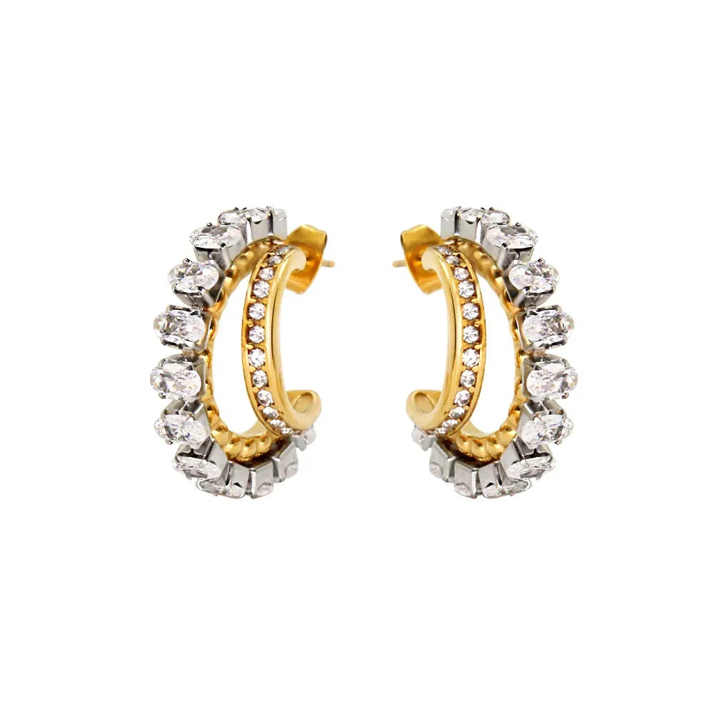 Shiny C Shape Stainless Steel Plating Inlay Pearl Zircon 18K Gold Plated Ear Studs