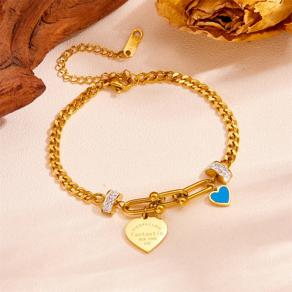 Elegant Simple Style Round Heart Shape Butterfly Titanium Steel 18K Gold Plated Acrylic Turquoise Rhinestones Bracelet